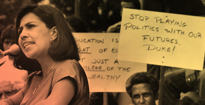 Assemblywomen Gloria Molina joins protesters opposed to $50-a-semester fee yesterday in an address to students at East Los Angeles Community College