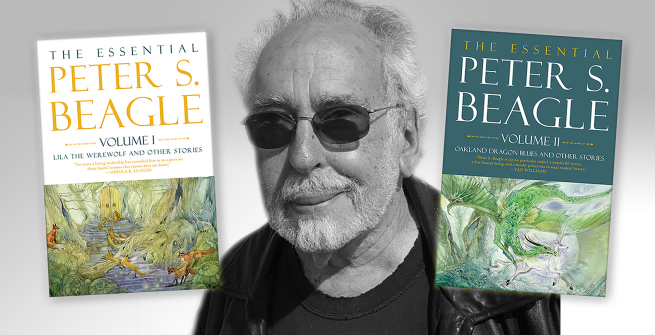 Author Peter S. Beagle and his two collections of short fiction, The Essential Peter S. Beagle Volumes 1 & 2