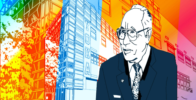 Colorful illustration of Young Oak Kim and a Los Angeles school named after him