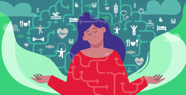 Illustration of person with eyes close and hands out in a connected mind and body posture