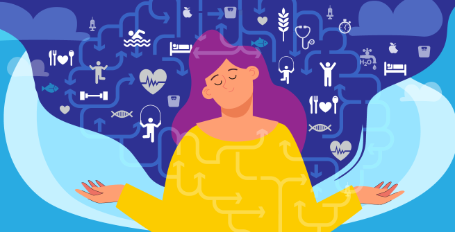 Illustration of person with eyes close and hands out in a connected mind and body posture