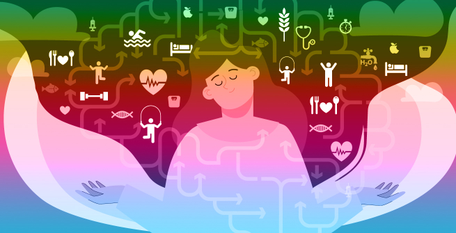 Illustration of person with eyes close and hands out in a connected mind and body posture