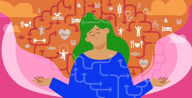 Illustration of person with eyes close and hands out in a connected mind and body posture