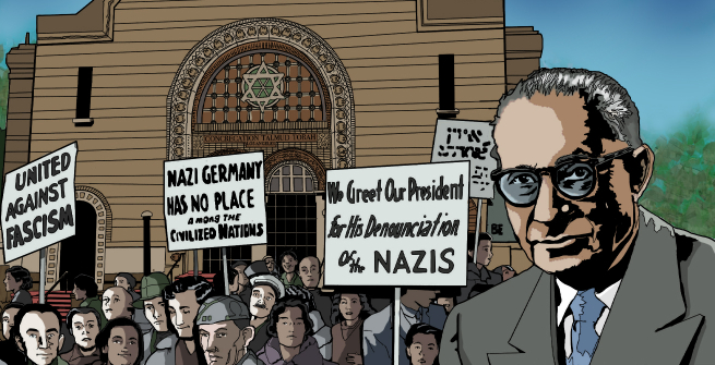 Julius Levitt is pictured on this coloring page in front of Breed Street Shul