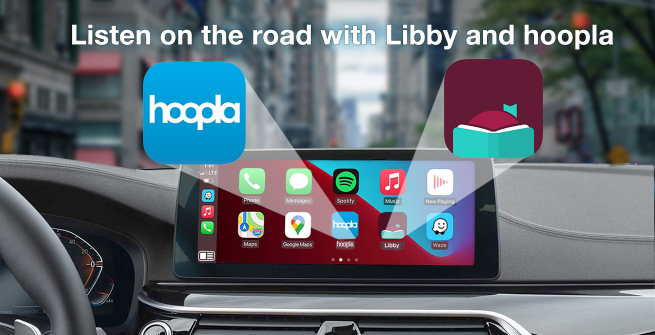 Interior of car with Libby and hoopla apps on navigation screen 