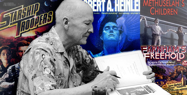 Science Fiction writer, Robert A. Heinlein against a collage of his books
