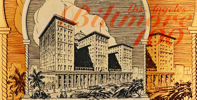 A colorized 1930 pen & ink drawing of the Los Angeles Biltmore Hotel by Harold E. Powe