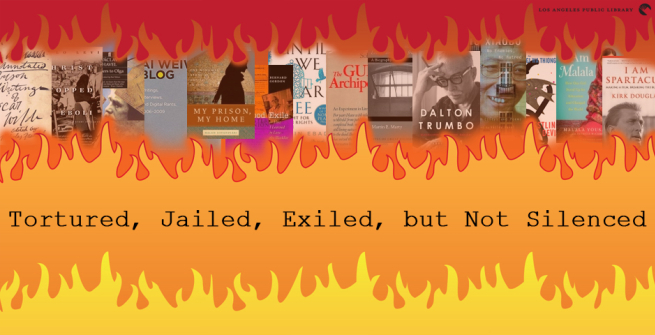 red orange yellow flames with banned books