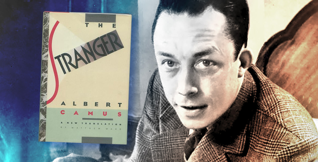 Colorized photo of Albert Camus and his novel, The Stranger