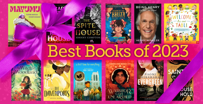 Collage of selected LAPL Best of Books 2023 with a fuchsia ribbon