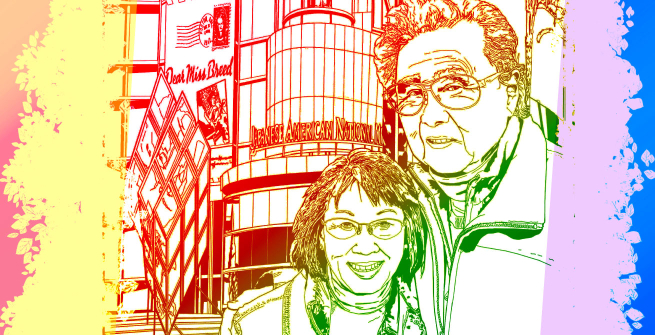 A colorized coloring page of Joseph and Elizabeth Yamada