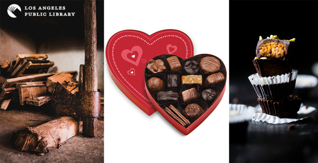 graphic of chocolates in a heart box, raw chocolate and stacked chocolate candies in wrappers