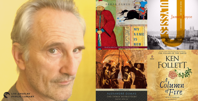 John Lee and the cover of four of the audiobooks he has narrated