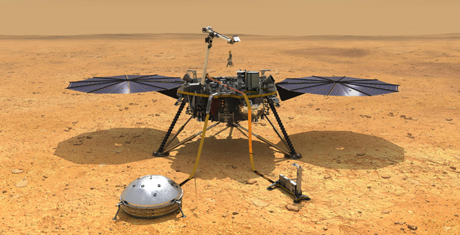 Rendering of the NASA InSight lander on the martian surface.