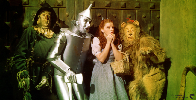Lobby card from the original 1939 release of The Wizard of Oz featuring Judy Garland, Ray Bolger, Jack Haley and Bert Lahr