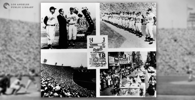 Montage of four photographs and a ticket for the opening game of the Los Angeles Dodgers, April 18, 1958.