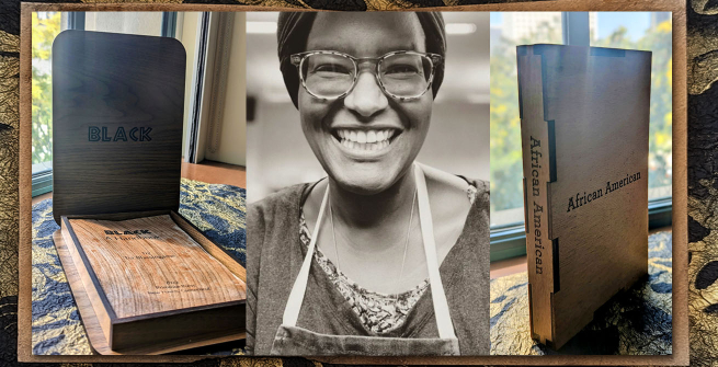 Book artist Tia Blassingame and her art books, Black: A Handbook and African American: A Handbook