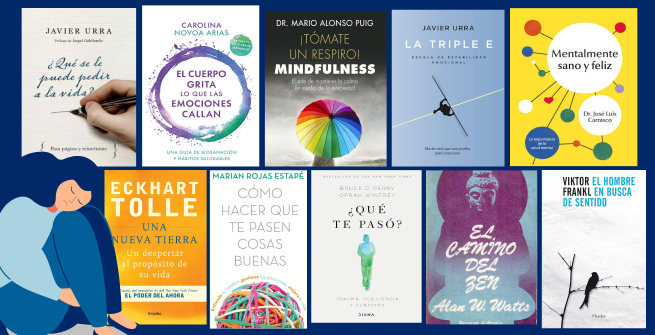 Collage of selected books on mental health