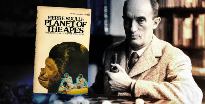 Colorize photo of French author Pierre Boulle and his science fiction book, Planet of the Apes