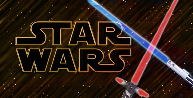 Star Wars logo type and blue and red lightsabers