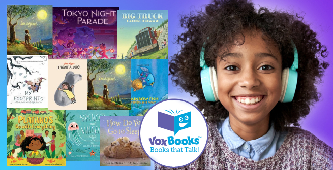 collage of book covers and a young girl wearing headphones