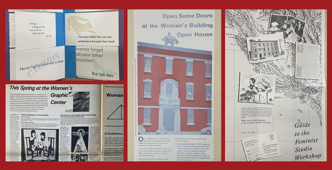 Collage of various promotional brochures, workshops, and art created at The Woman's Building