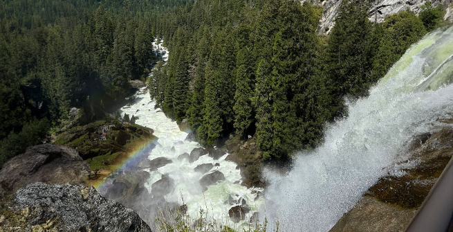 waterfall down a deep ravine in the mountains