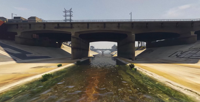 A computer-generated image of the Los Angeles River flowing through a concrete channel and passing under a bridge. 