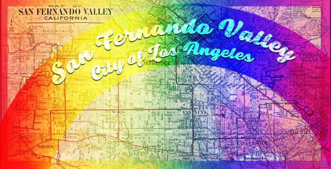 Pride colors over 20th century map of San Fernando Valley