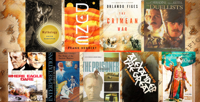 Collage of books and films on history, mythology, and films