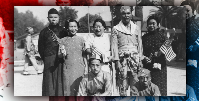 A group of Chinese motion picture extras after a Labor Day parade in Los Angeles. Eddie stands at the far left next to his wife, Jennie.