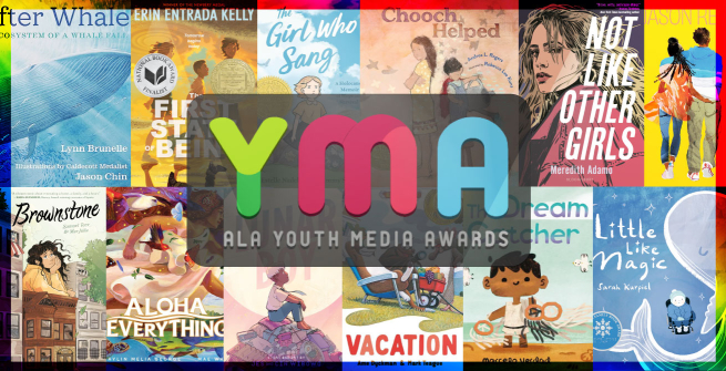 Collage of ALA awarded books behind YMA logo