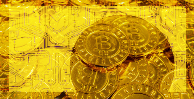close up collection of gold bitcoins