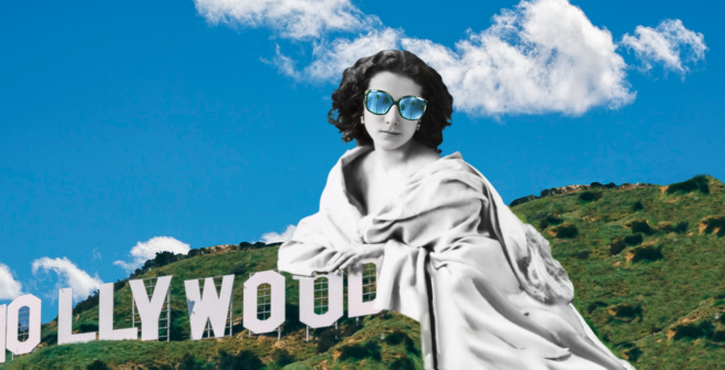 Sarah Bernhardt larger than life merged with a phto of the hollywood sign