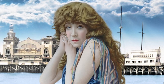 color postcard image of Sarah Bernhardt in front of the Venice Canals