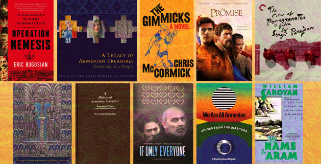 Collage of books and films on Armenian history and culture