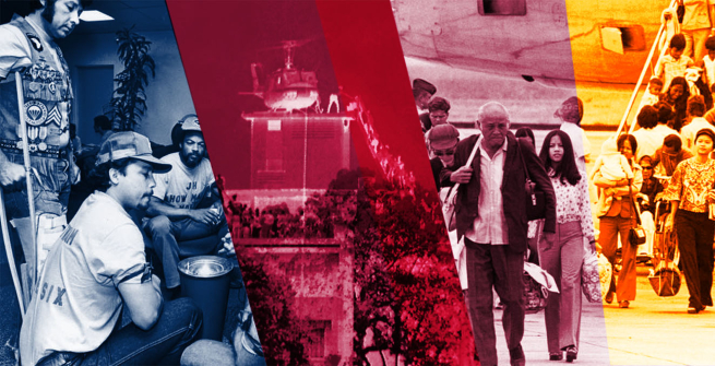 collage of 4 images from the fall of Saigon