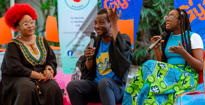 Writers sharing their writing projects at event