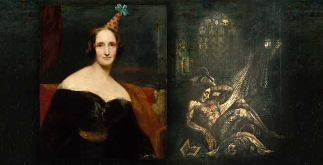 Mary Wollstonecraft Shelley and the insert page from her book Frankenstein