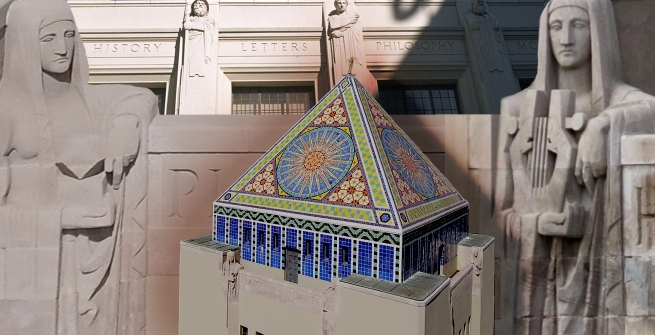 Collage of Central building and sculptures