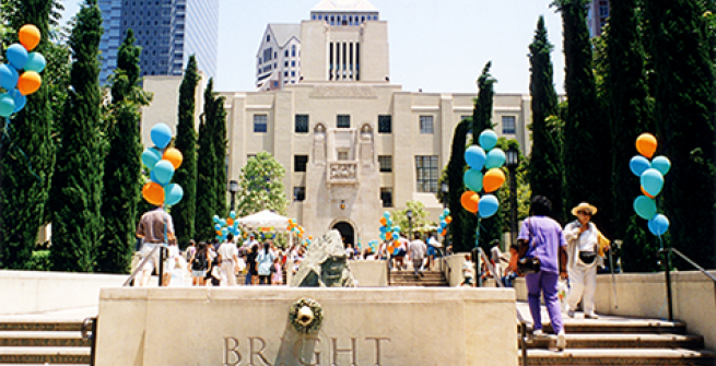 front steps of the library with festive balloons
