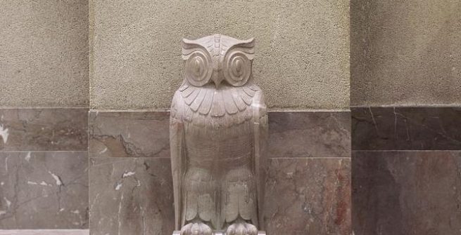 Detail of owl sculpture for the balconies of central library