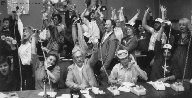 Jubilant participants during the 1987 Save the Books telethon. 