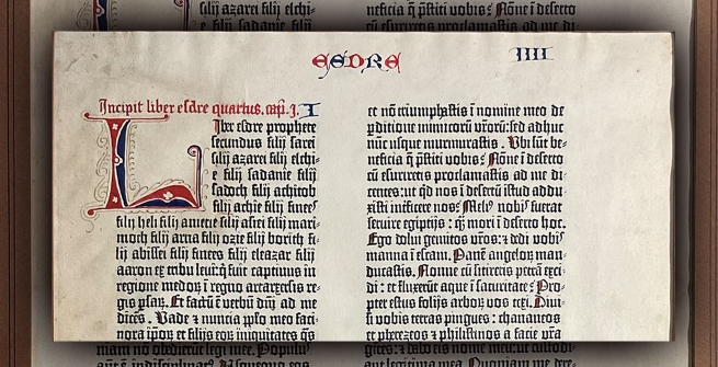 Close-up of a single page of the Gutenberg Bible, 1456