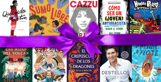 10 book covers with a bow around them