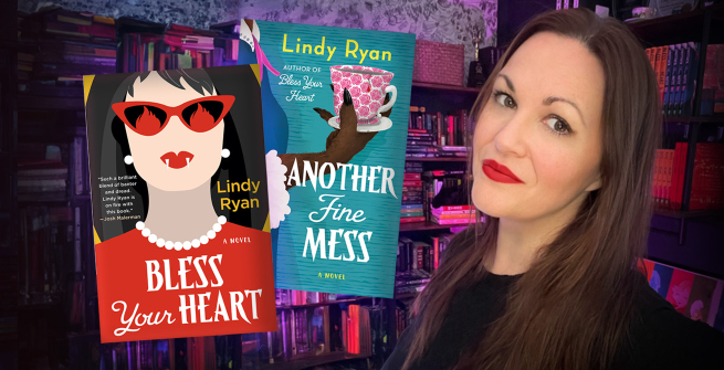 Author Lindy Ryanand her two novel, Bless Your Heart and Another Fine Mess