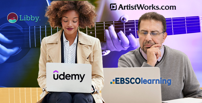 Collage of people learning online using Udemy, ArtistWorks via Libby and LearningExpress