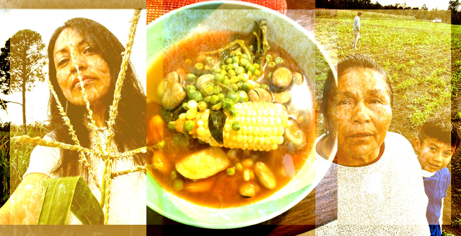 Collage of author with family and bowl of soup with corn