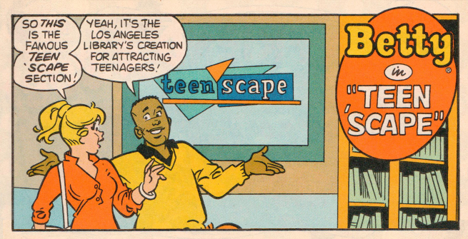 closeup of a page from the Betty comic showing the gang in LAPL's teenscape department