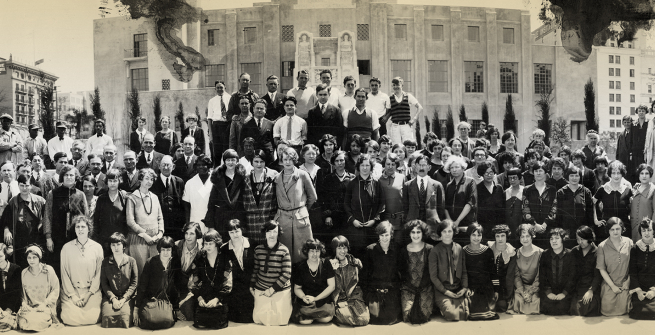 Central Library staff photo taken from Flower Street with a view of the East side of the Library, 1926